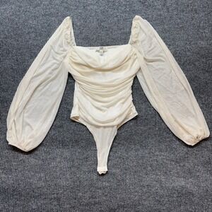 Glitter Ruched‎ Bodysuit Small Sheer Puff Sleeve Coquette Party Glam